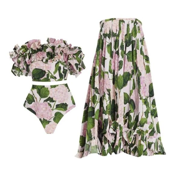 Ruffle Bandeau Hydrangea Split Swimsuit Set Women's Bikini Skirt Floral Print - Picture 2 of 8